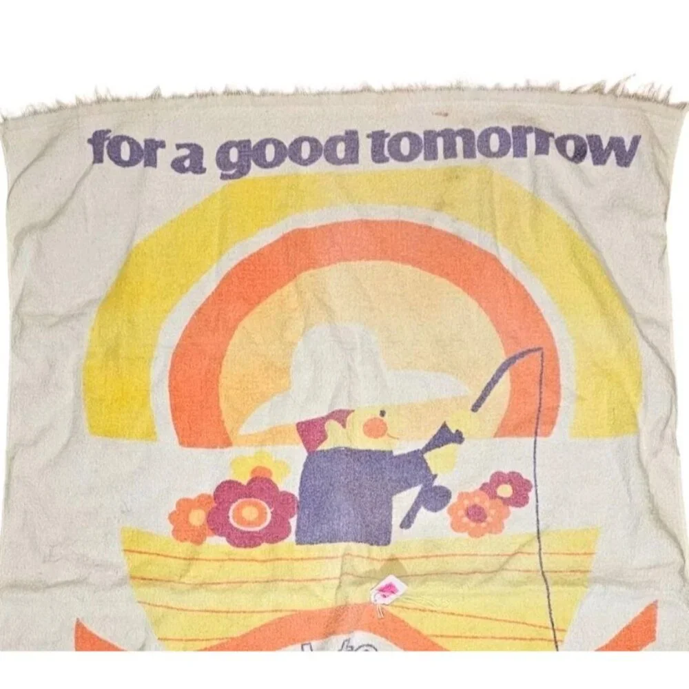 Vintage 70s Beach‎ Towel Rainbow Mermaid Flowers Retro Fishing By Phyllis
